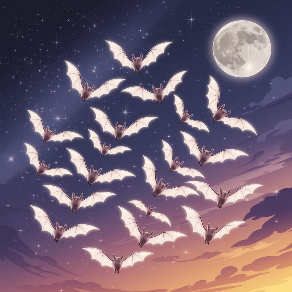 White Bats Soaring in Starlit Moonlit Sky