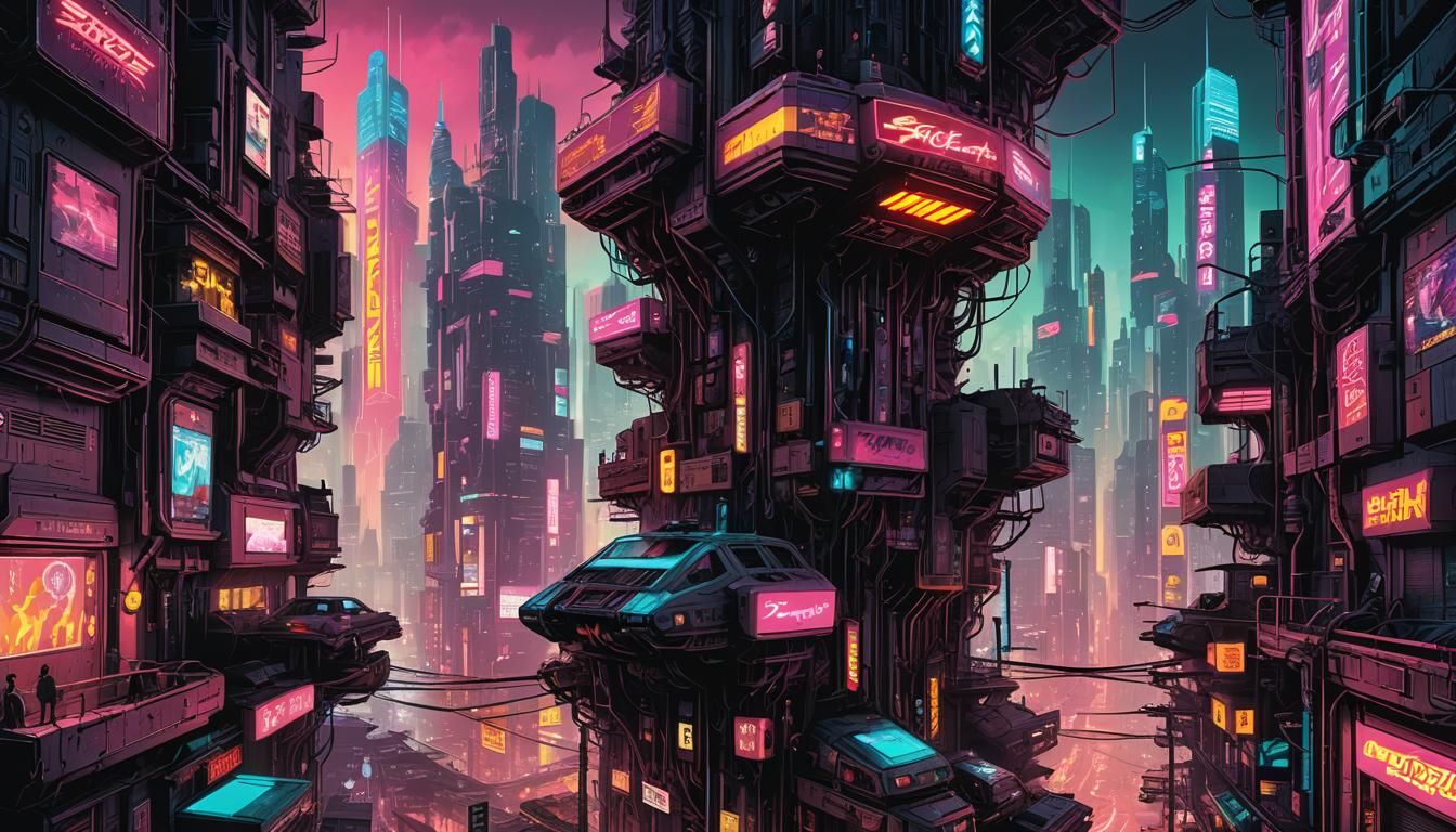 Neon Cyberpunk Cityscape in Maximalist Style