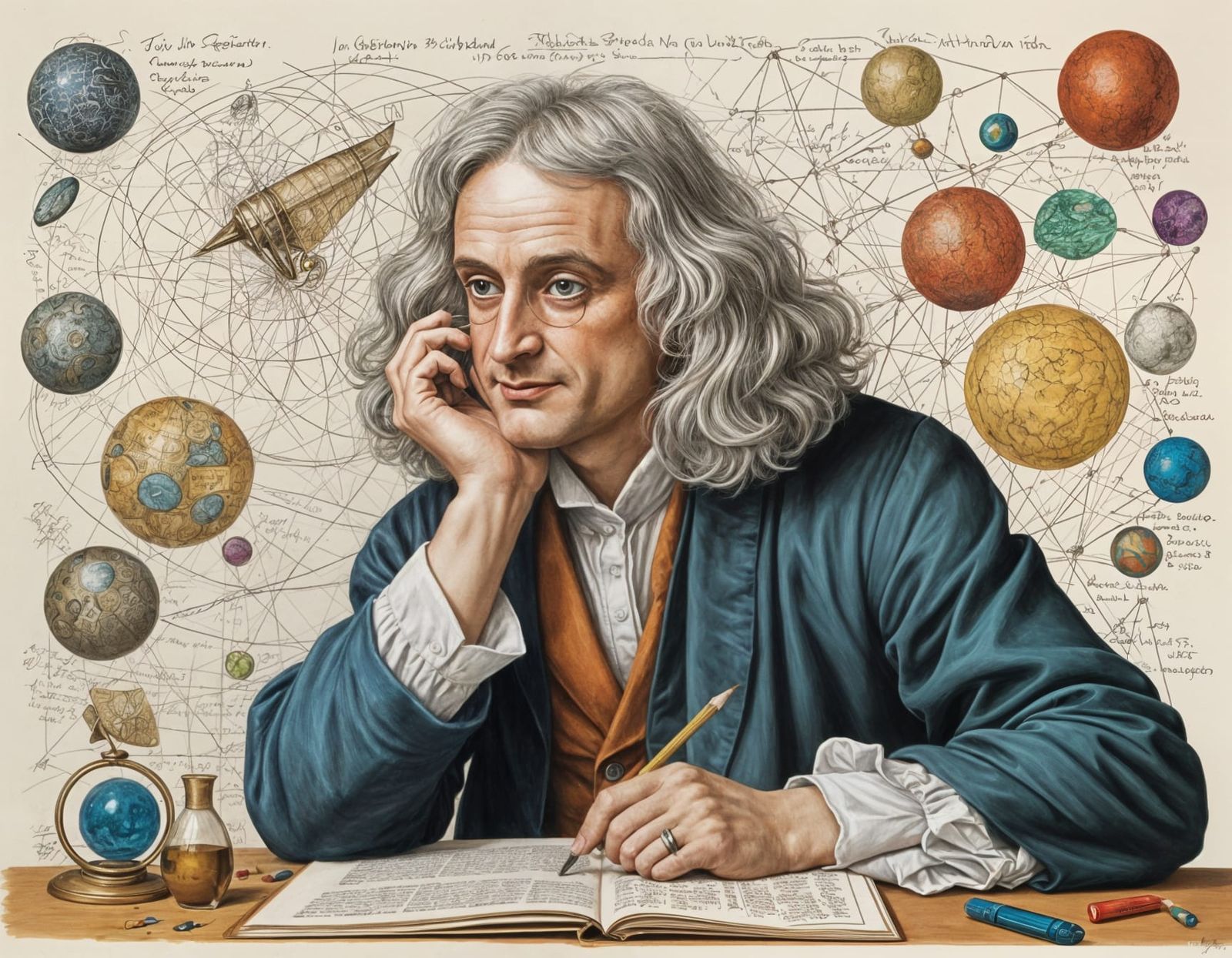 Isaac Newton with Scientific Discoveries in Background