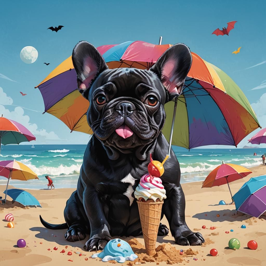 Black French Bulldog Summer Beach and Ice Cream