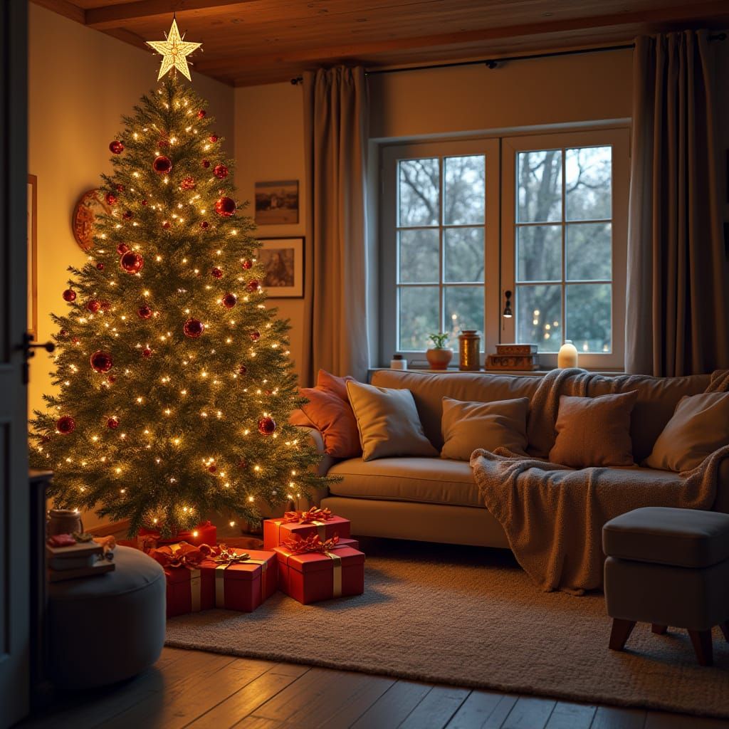 Cozy Christmas Living Room: Photorealistic Oil Painting