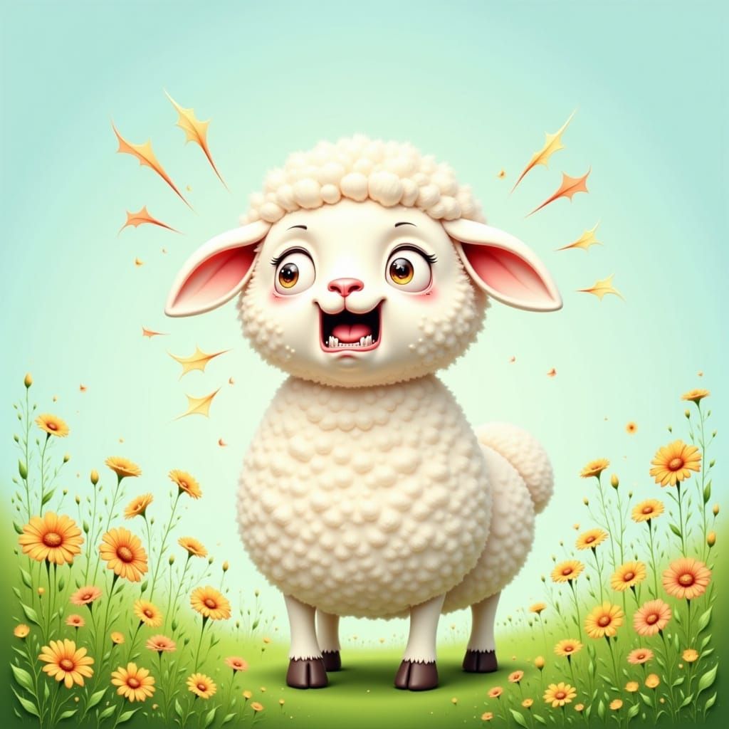 Anxious Lamb in Meadow: Cartoonish Digital Art