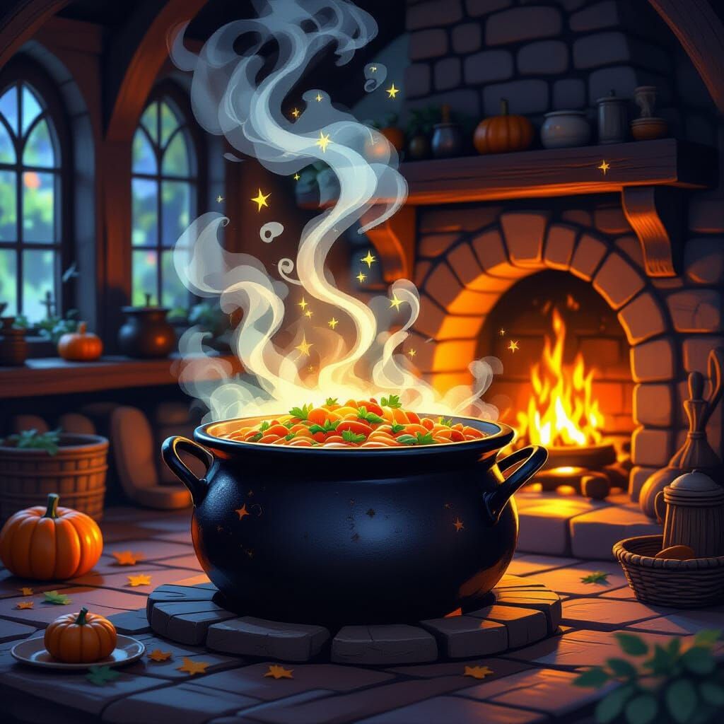 Enchanted Food Cauldron with Magical Steam