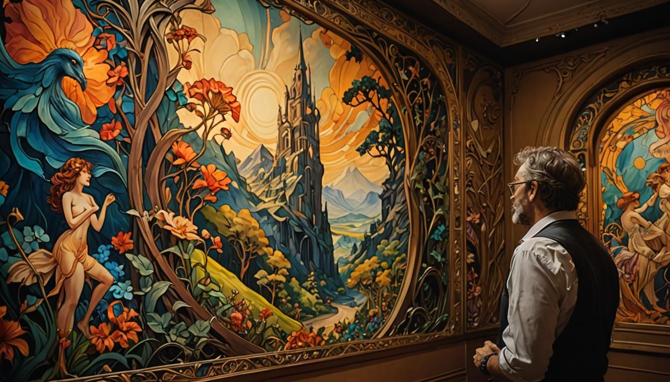 Artist Observes Colorful Landscape in Art Nouveau Style