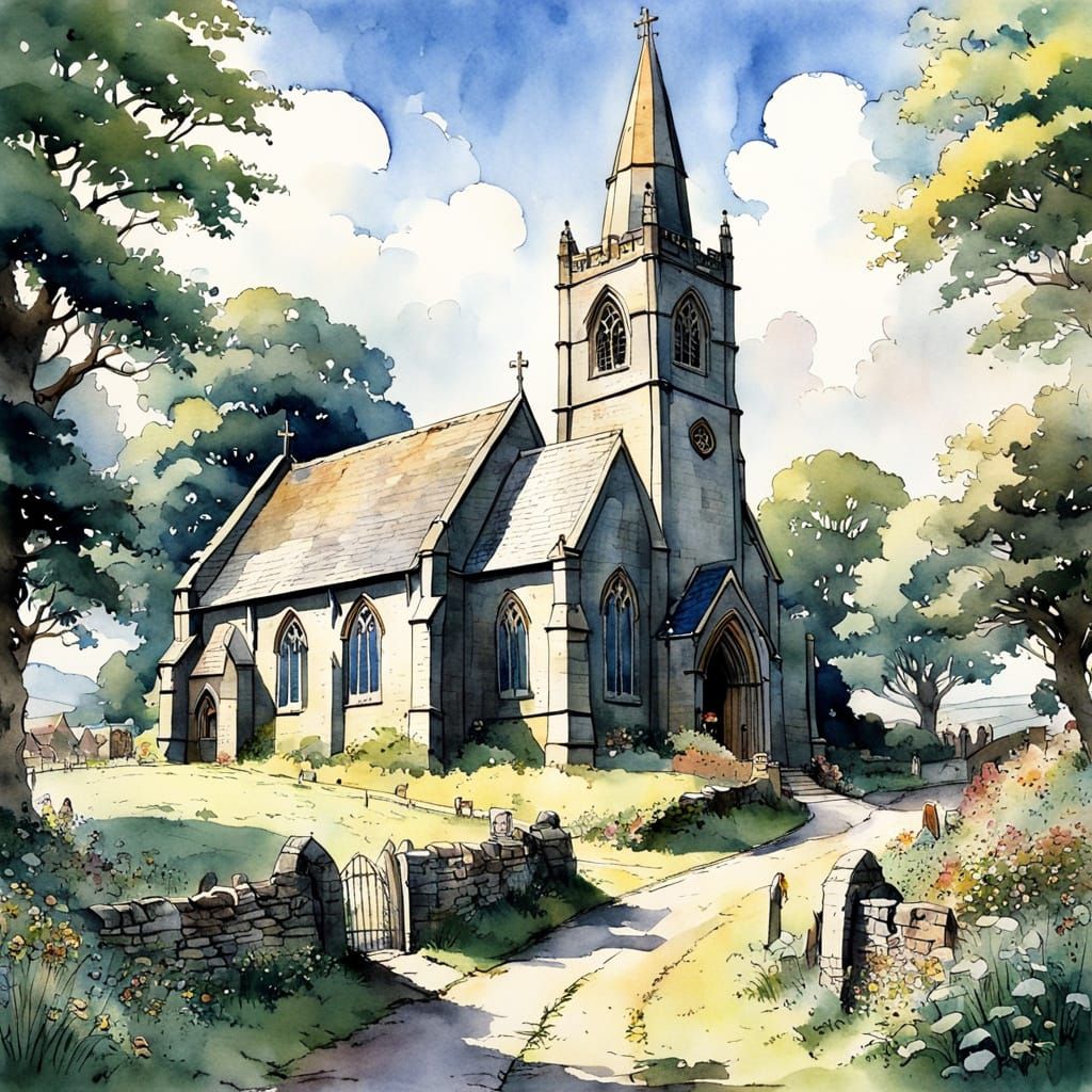 Whimsical Watercolour Church Scene in Quaint Cornwall