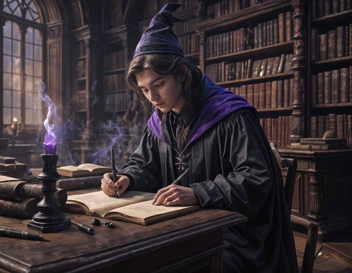 Teen Wizard's Homework in Magical Library