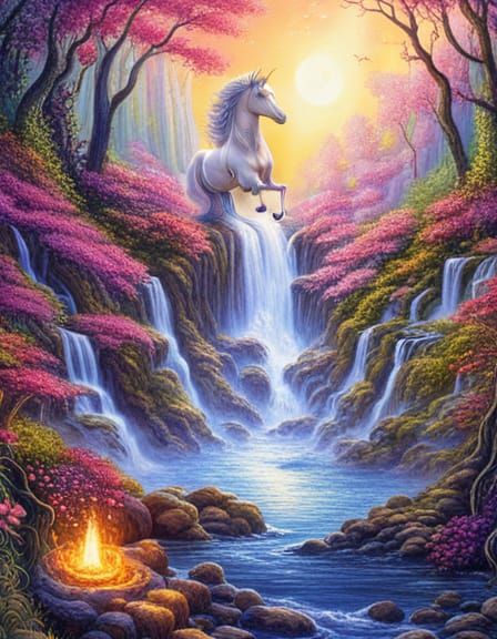 Magical Unicorn by Waterfall in Lush Forest