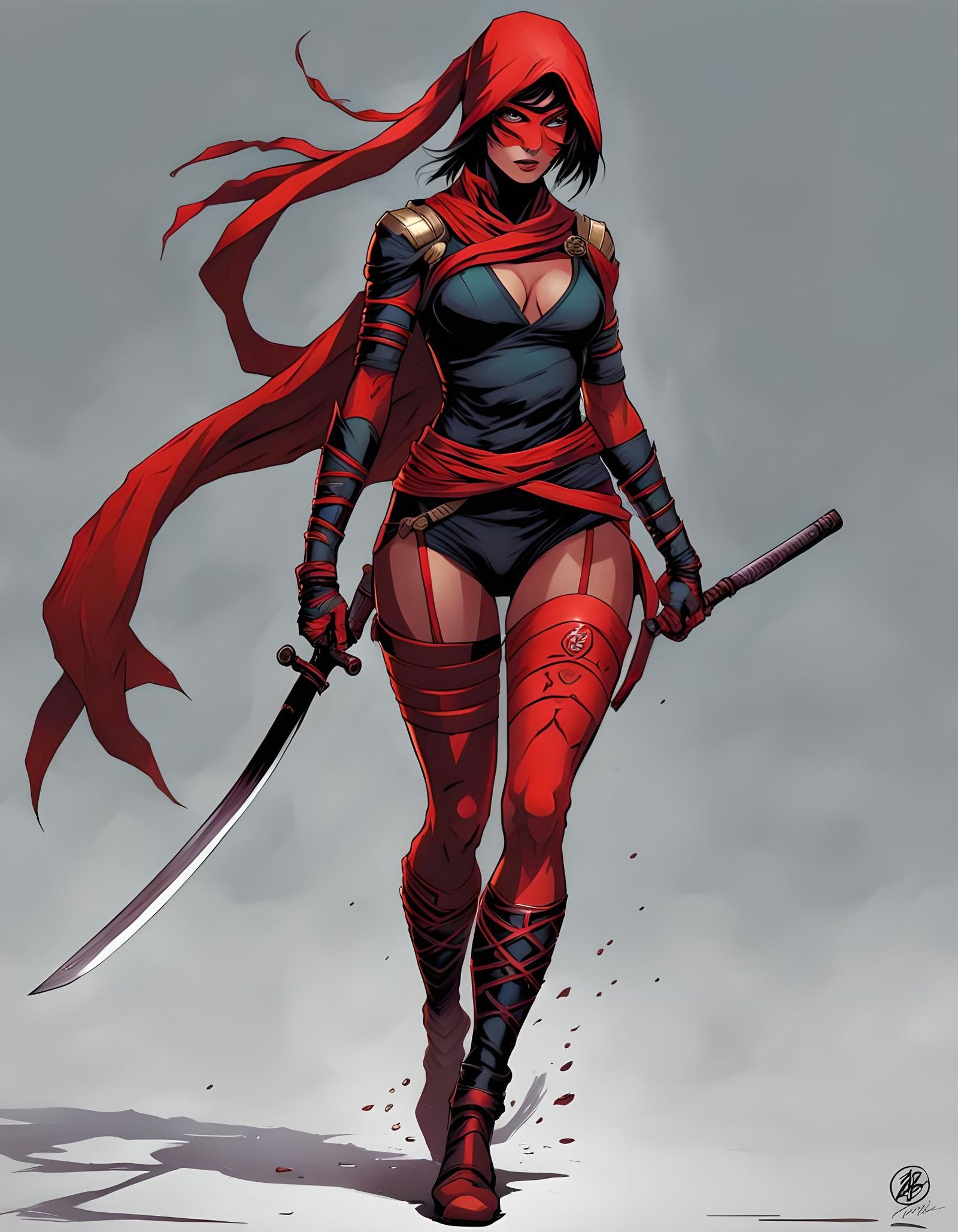 Asían girl red ninja hosiery