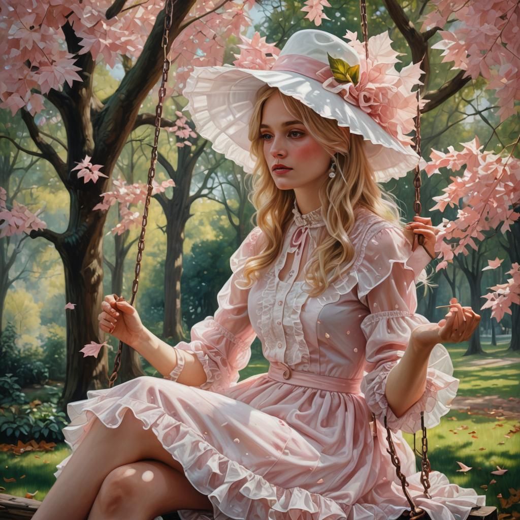 Victorian Girl on Swing in Hyperrealistic Style