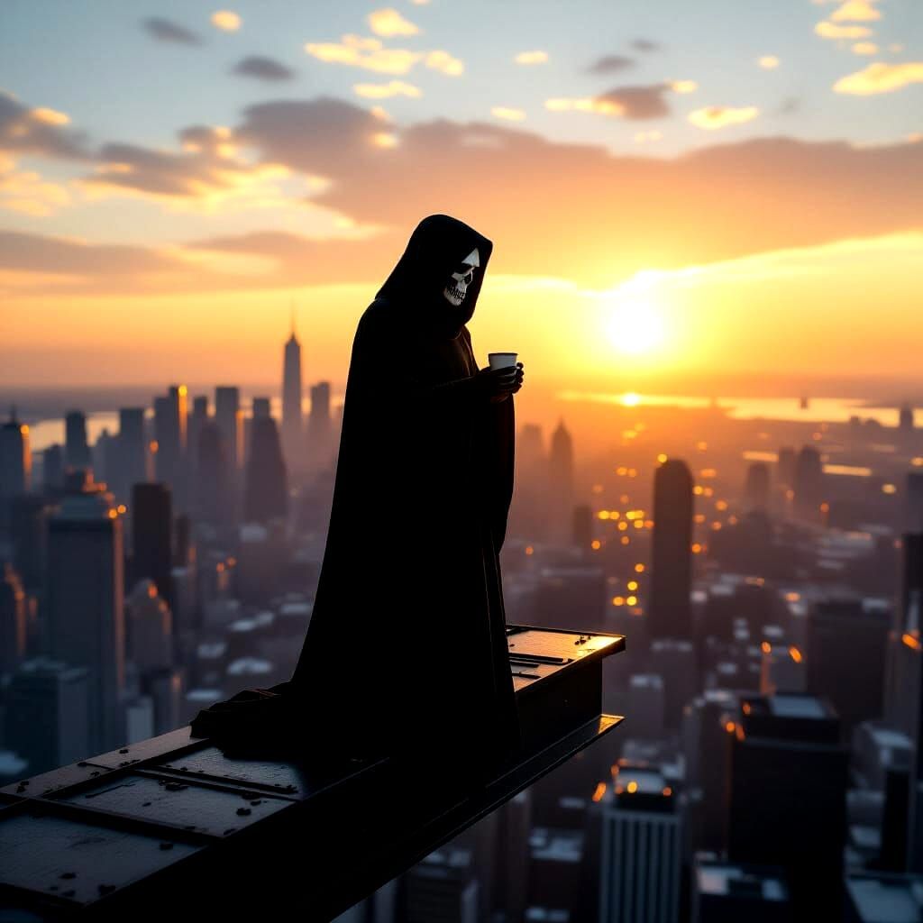 Grim Reaper at Sunrise Over City, Holding Bagel