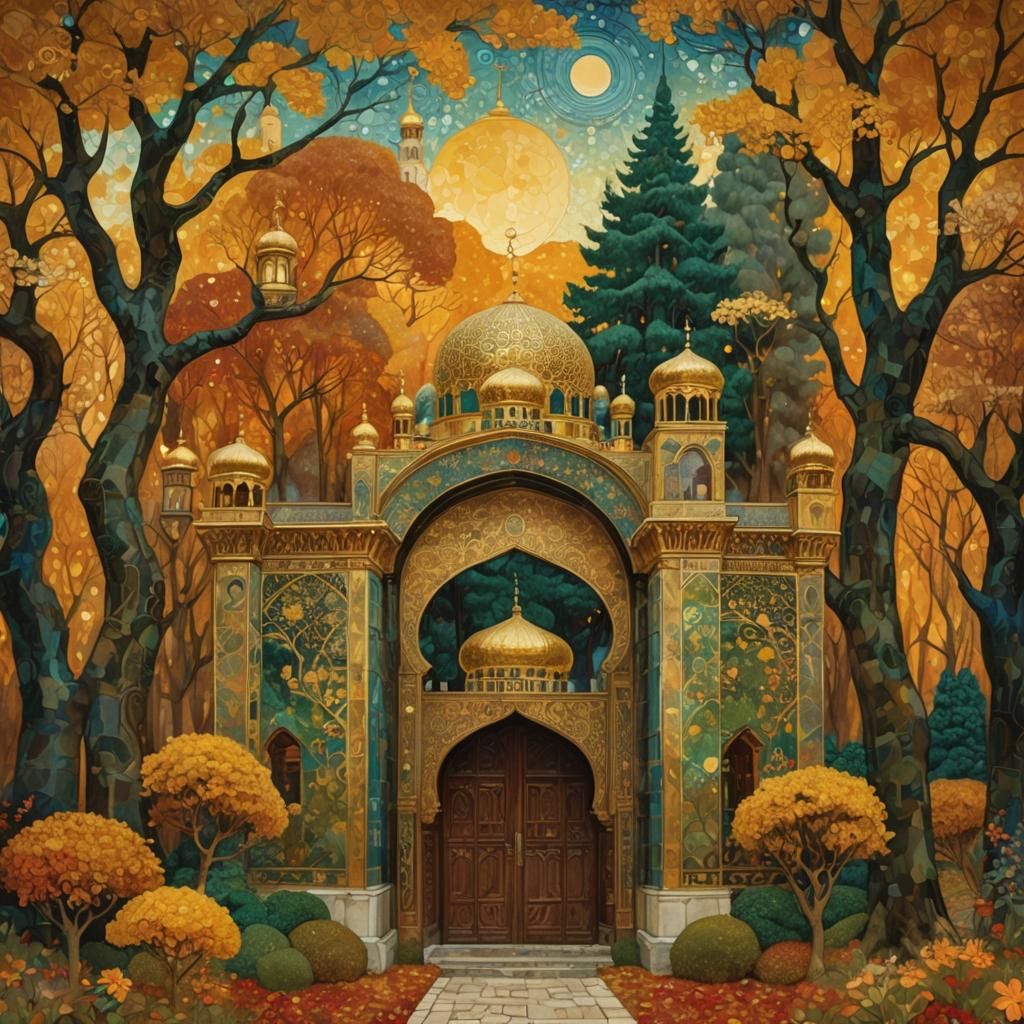 Golden Ottoman Mosque in Vibrant Autumnal Fantasy Landscape