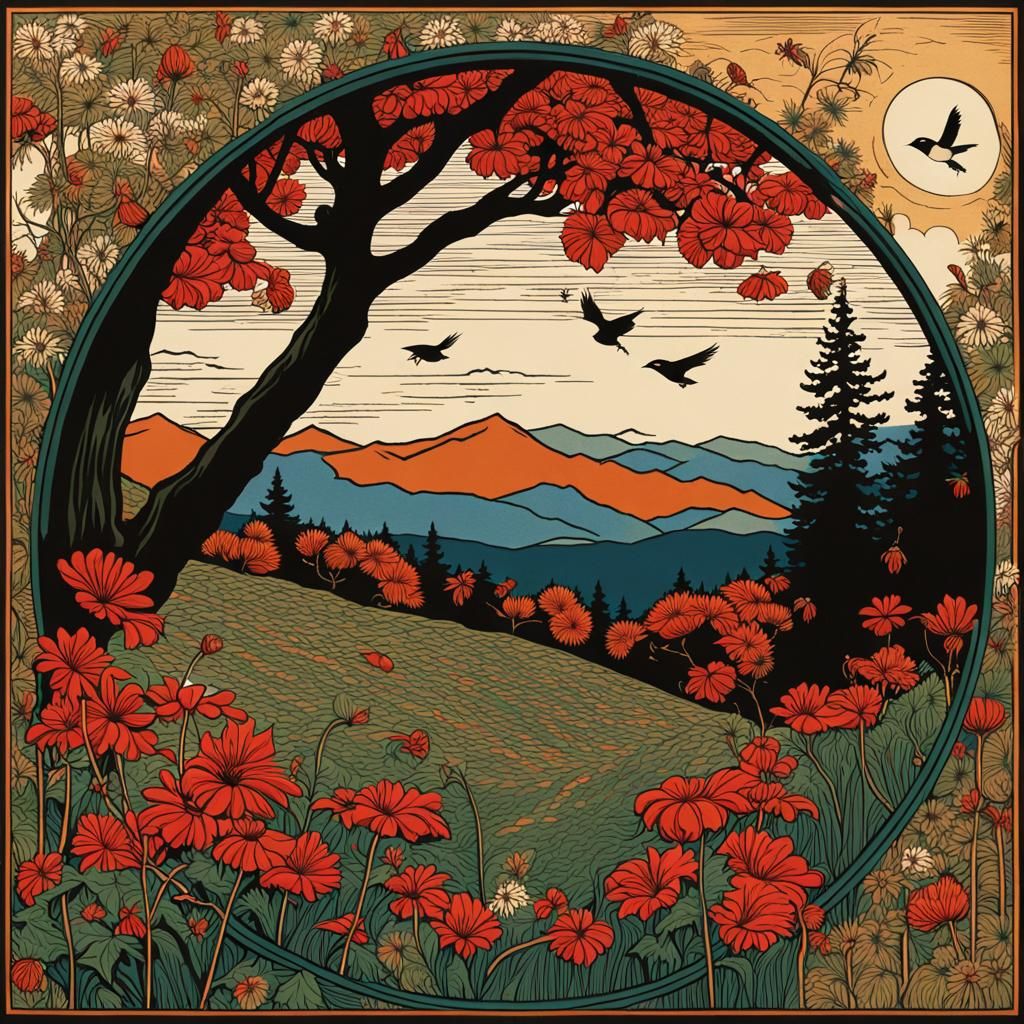 Wharton Esherick Woodcut: Wildflowers and Chickadee