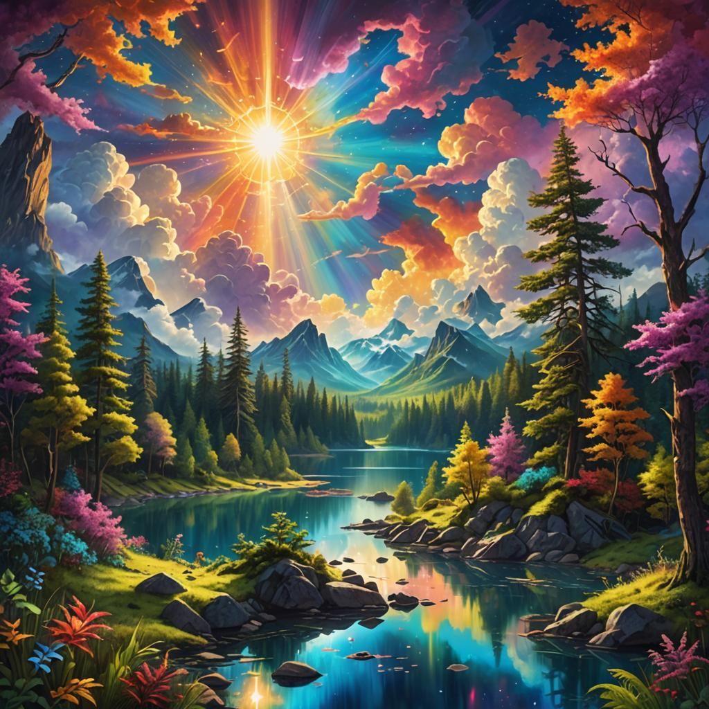 Colorful Cosmic Landscape Painting in Pablo Amaringo Style