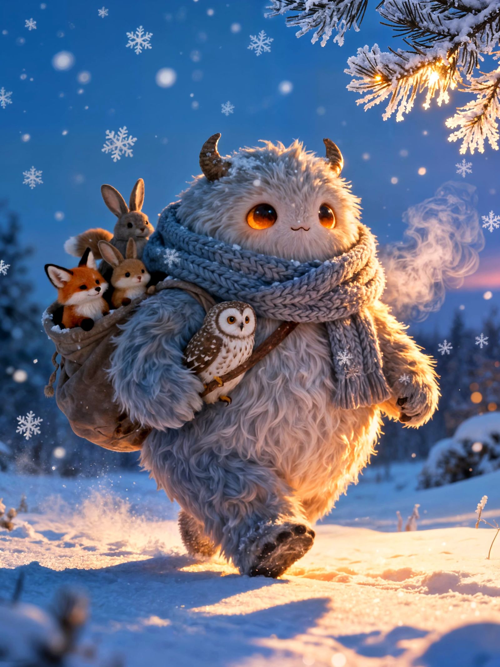 Gentle Snow Monster with Lost Animals in Winter