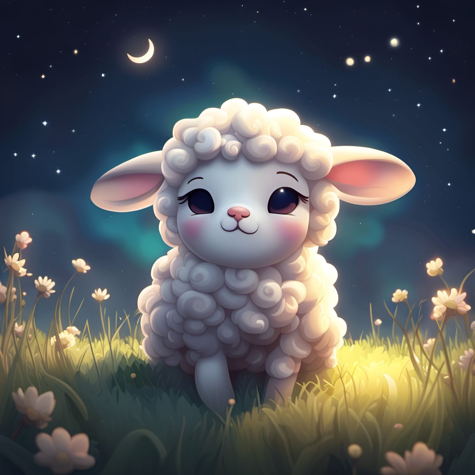 Chibi Lamb Asleep in Moonlit Field