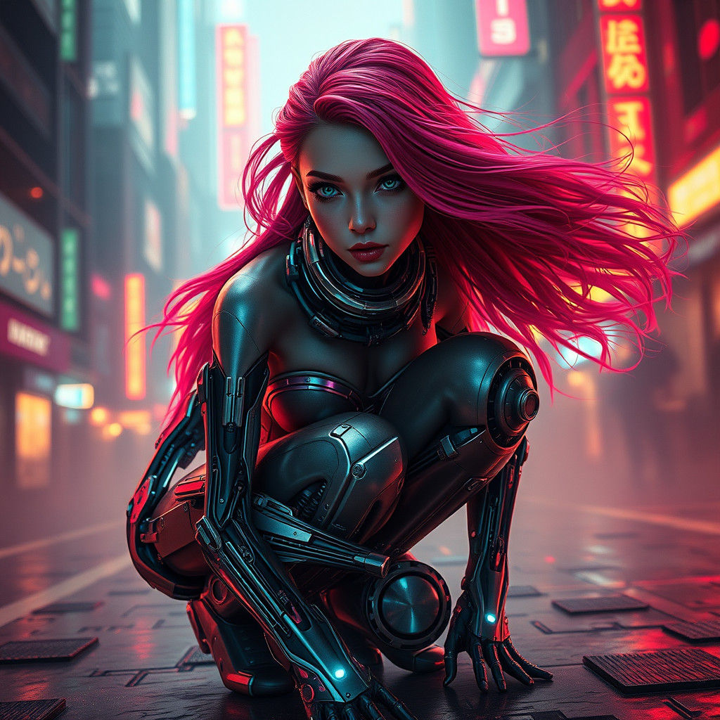 Cybernetic Woman in Neon Cityscape: Digital Art