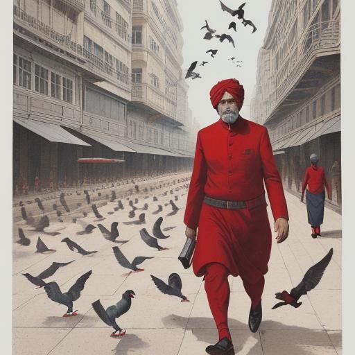 Man and Pigeons in City, Linocut Print Style