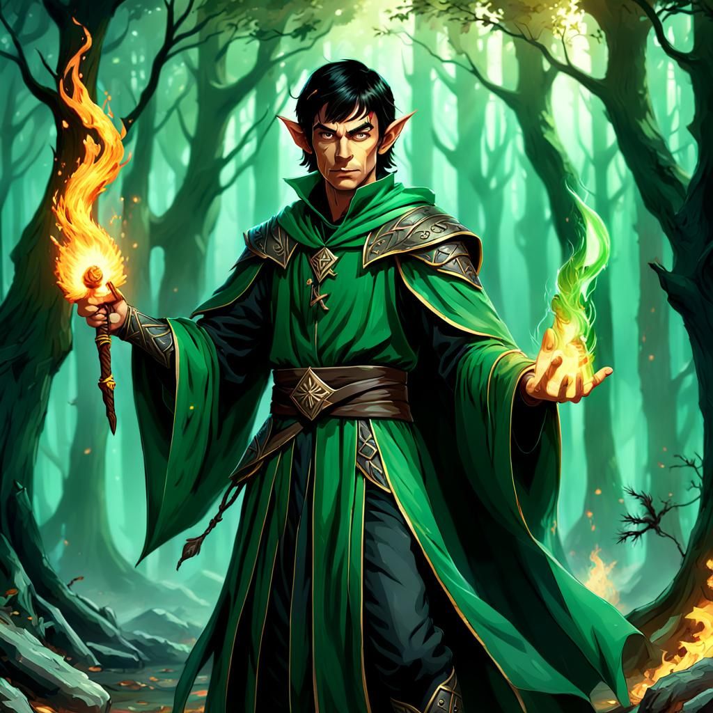 Elf Wizard with Fire Mote in Forest Setting