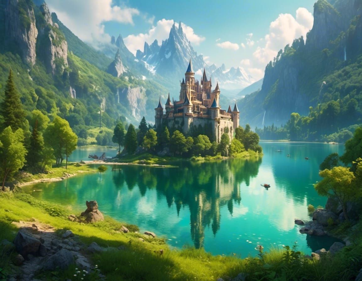 Futuristic Castle Overlooking Mountain Lake