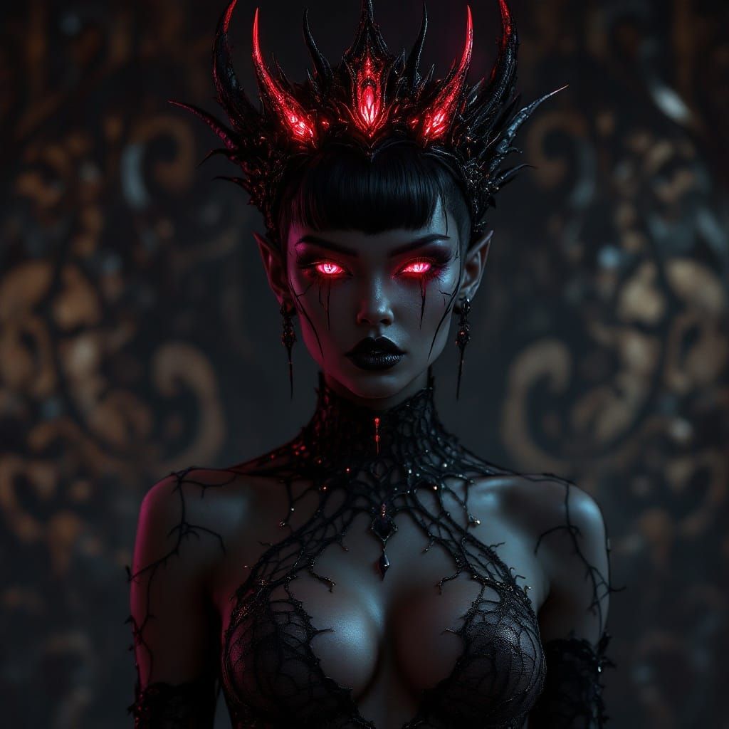 Majestic Goth Shadow Demon in Intricate Black Spider Web Dre...