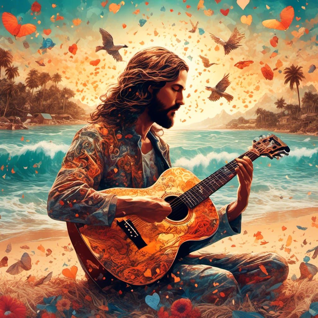 Surreal Guitar Singer on Glittering Beachscape