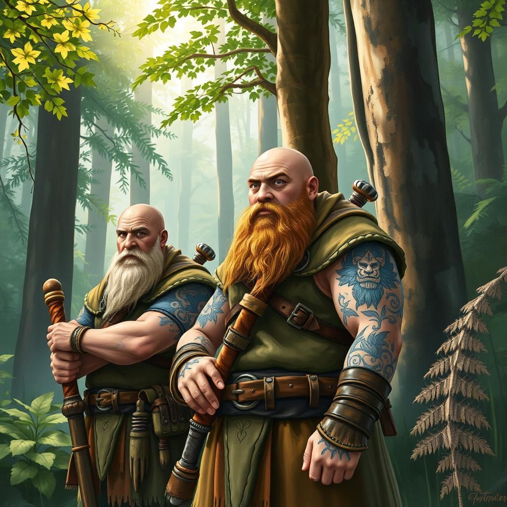 Dwarf Rangers in Lush Forest, Mystical Illustration