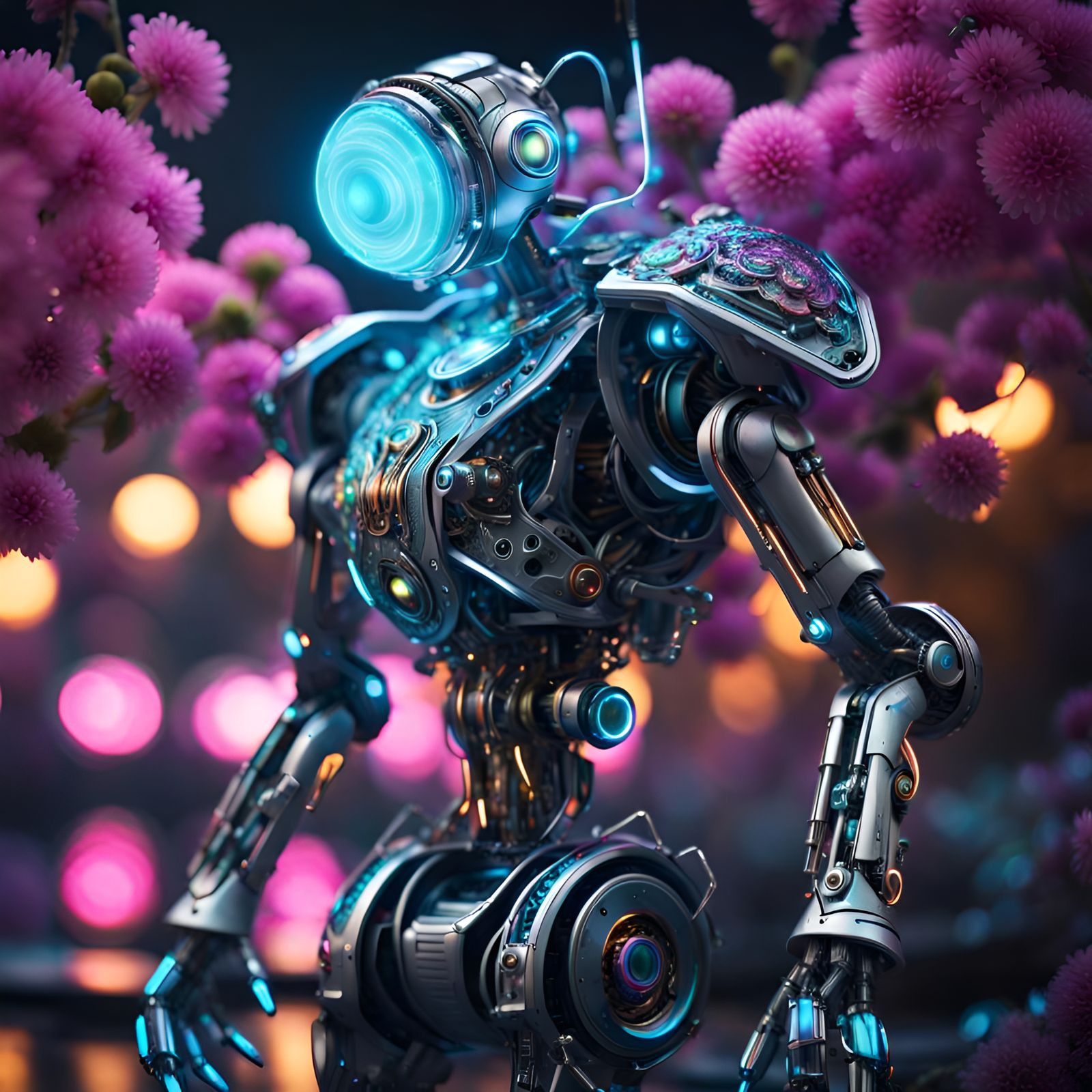 Intricate Robot Gardener with Bioluminescent Flower