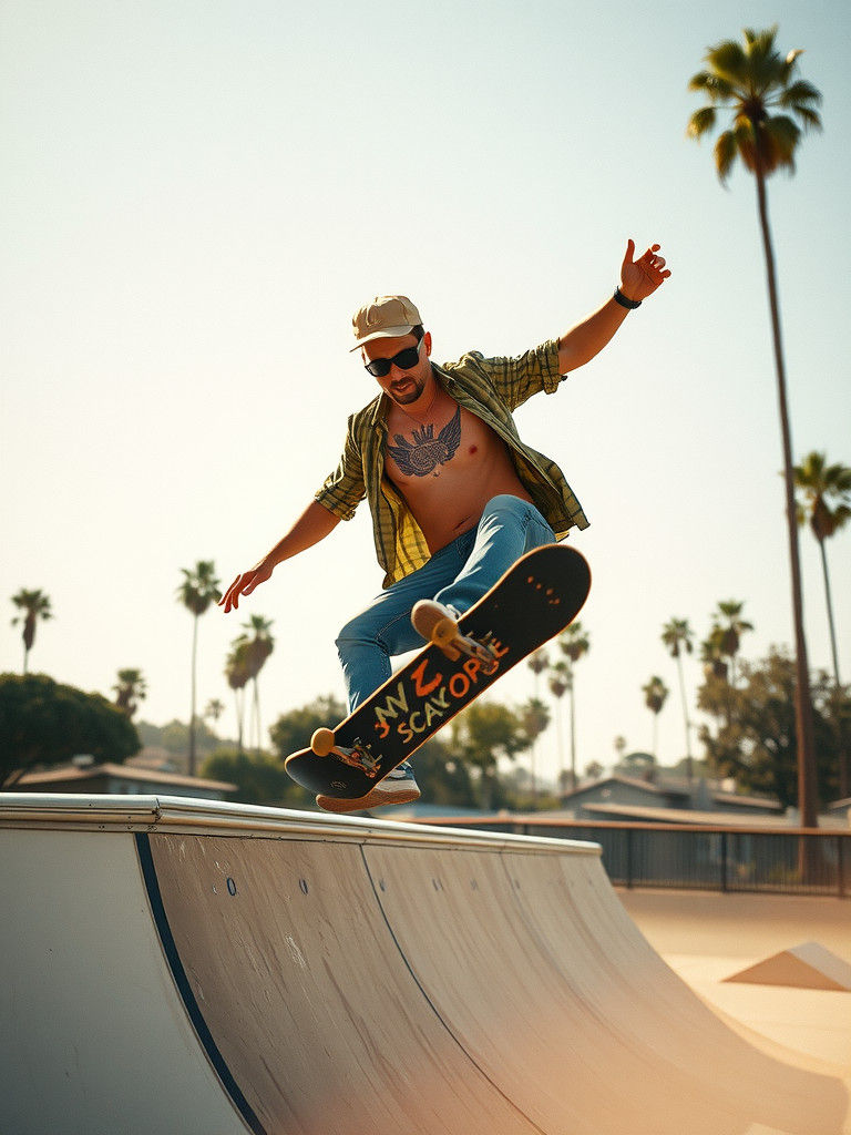 Californian Skateboarder Jumps Ramp: Cinematic Film Still