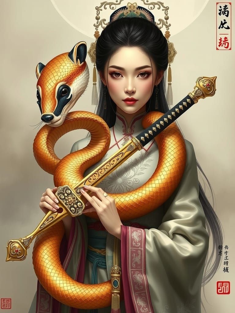 Golden Serpent-Badger Goddess Wields Ancient Chinese Sword
