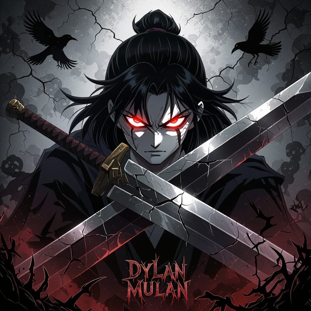 Intimidating Anime Warrior with Glowing Eyes and Giant Sword