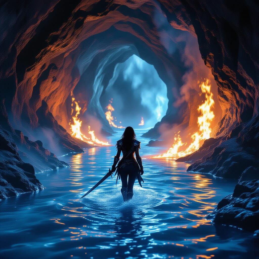 Woman Walks Through Burning River in Dark Fantasy Cavern