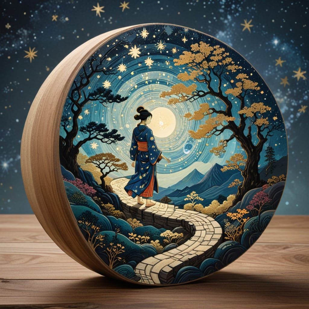 Ukiyo-e Dreamscape: Figure on Winding Path in Woodblock Styl...