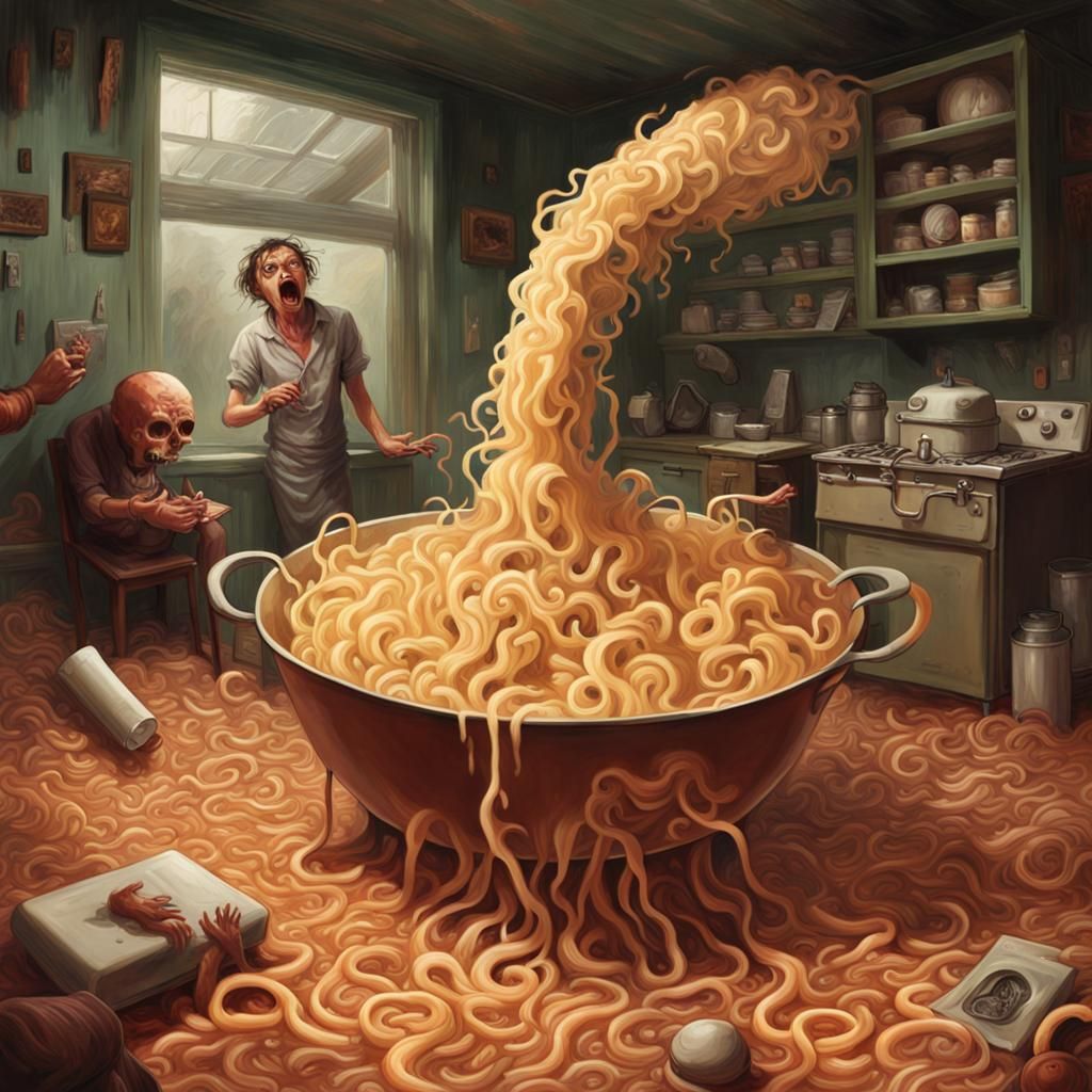 Surreal Macaroni Explosion: Horror Meets Beauty