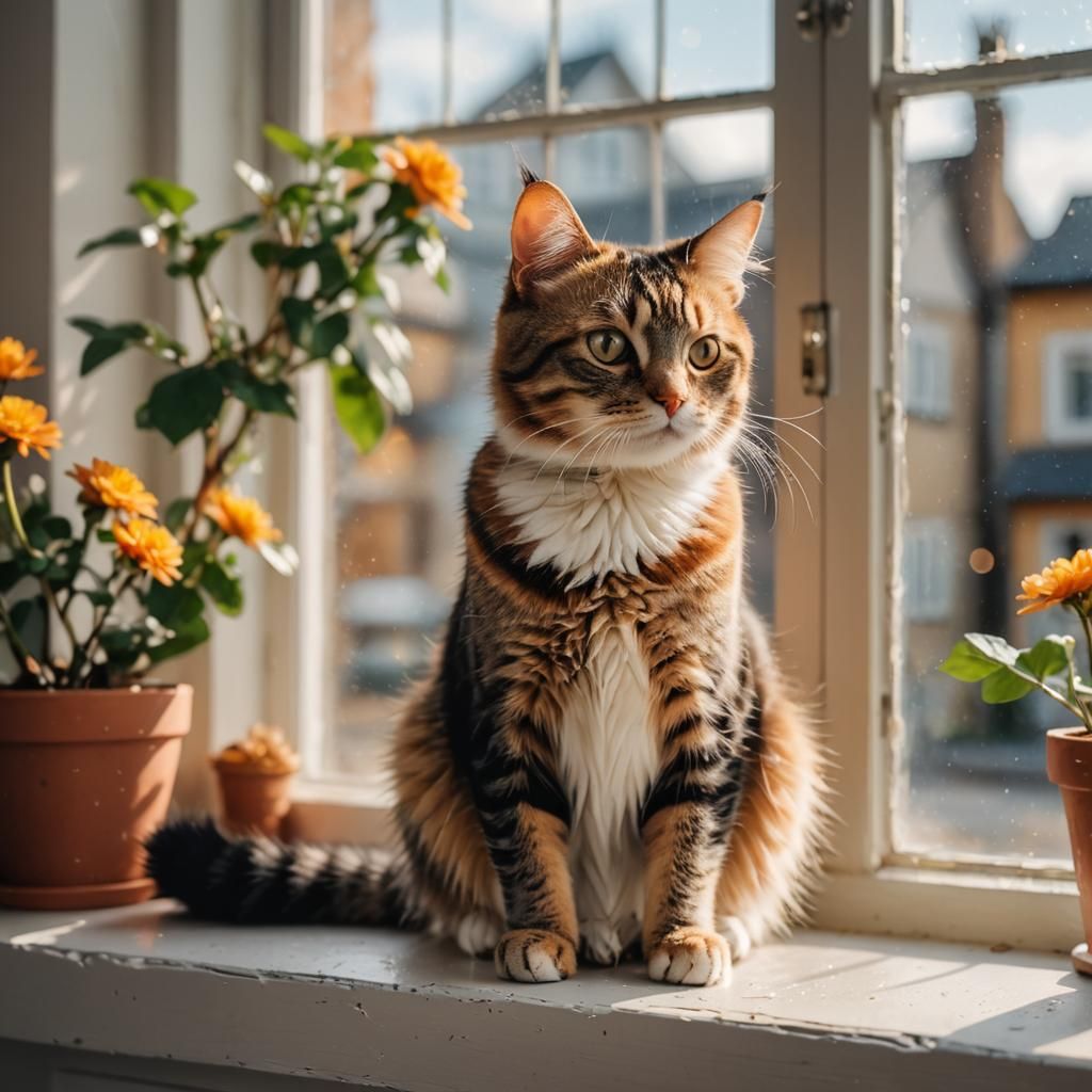 Cute Cat on Windowsill in Photorealistic Style