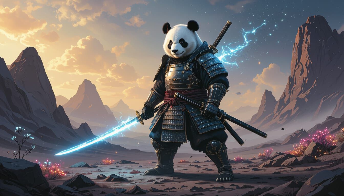 Panda Warrior in Starlight Armor on Alien Planet