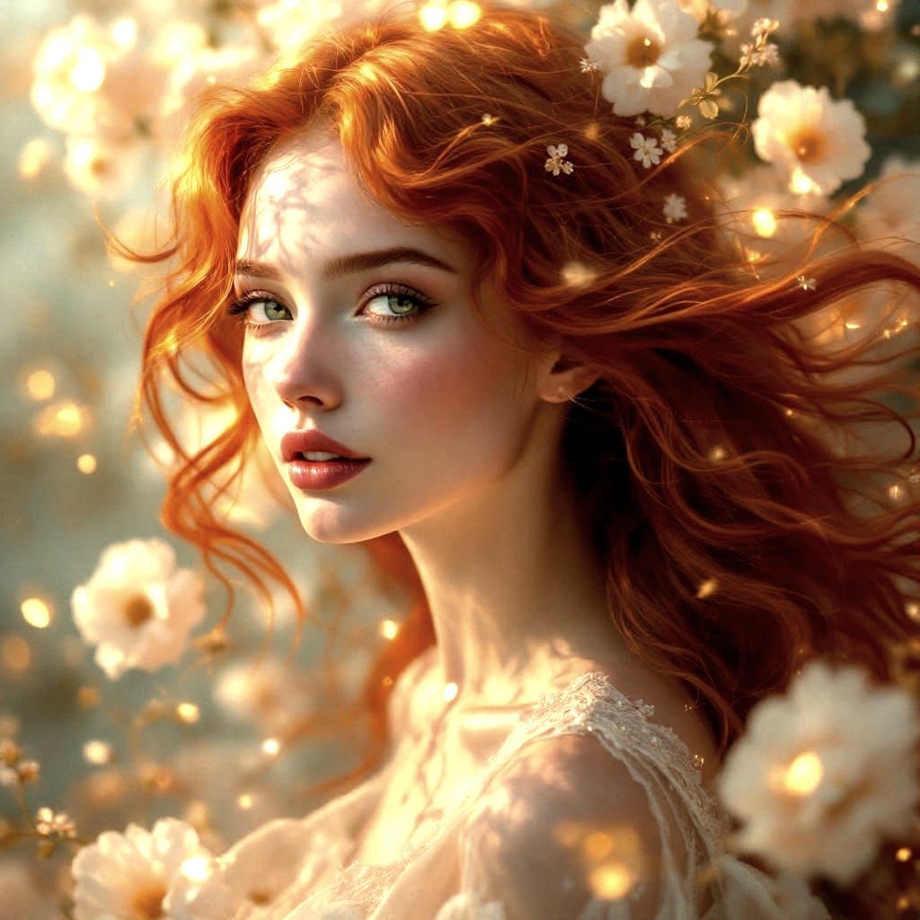 Serene Redheaded Goddess in Dreamlike Floral Landscape