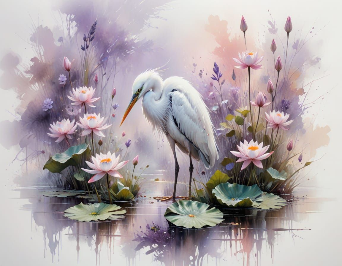 White Heron in Misty Pond at Dawn, Pastel Hues