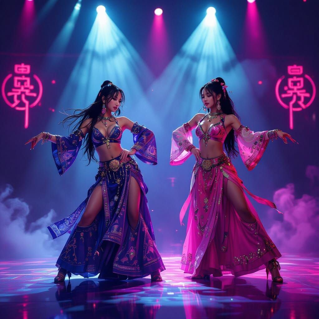 K-Pop Belly Dancers on Neon Stage