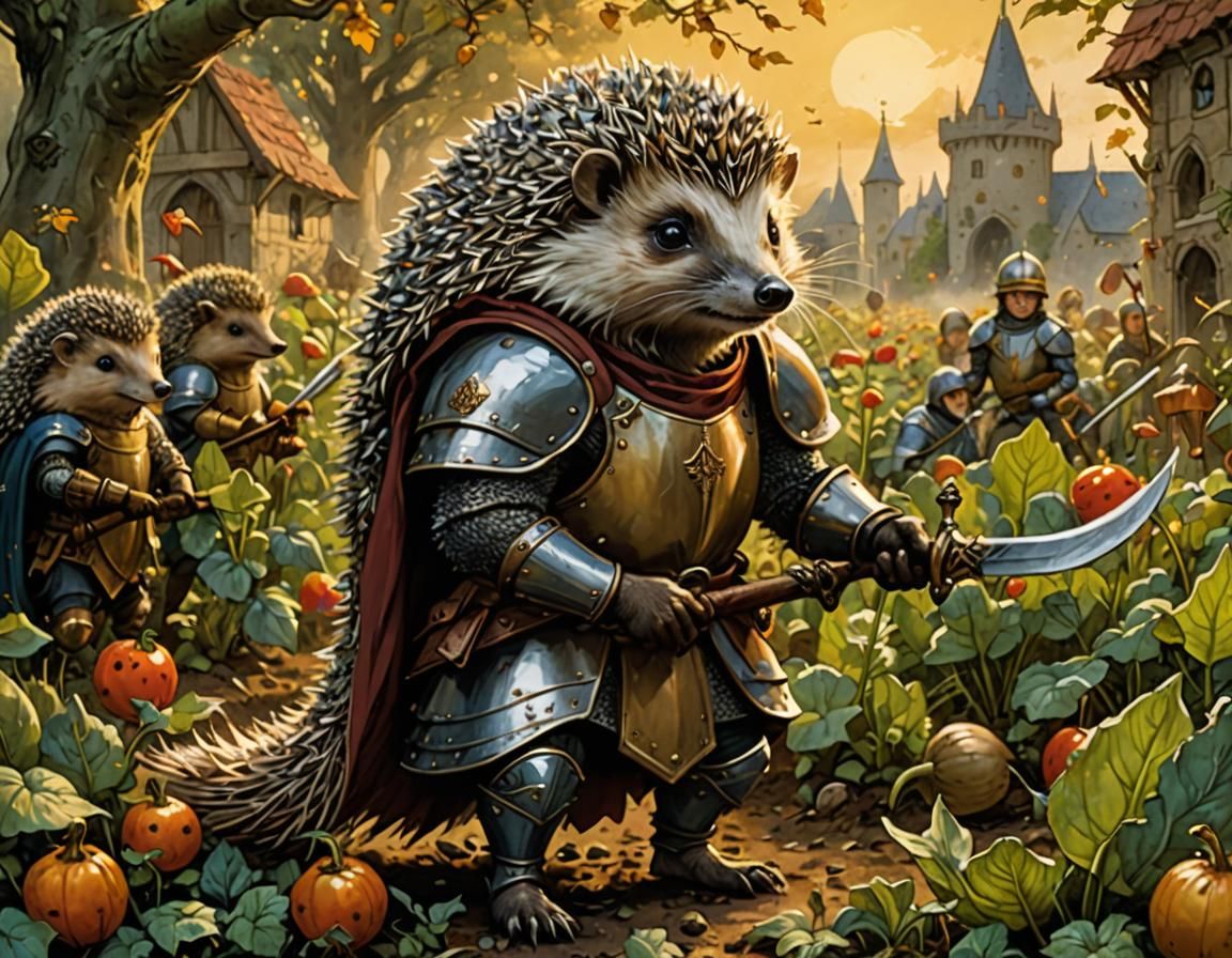 Hedgehog Knight Defends Garden: Medieval Fantasy Illustratio...