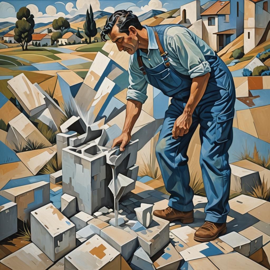 Cubist Painting of Man Mixing Cement in Countryside