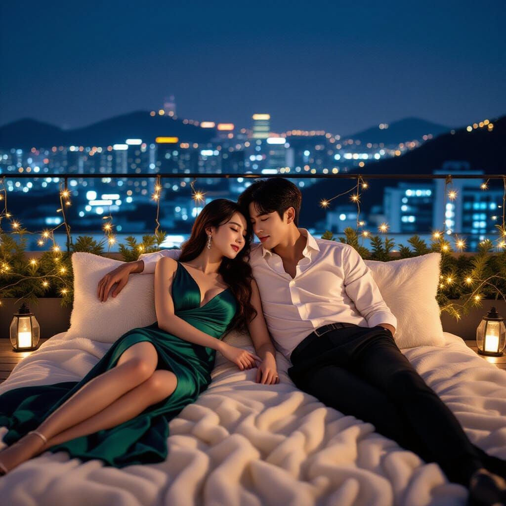 Korean Couple in Rooftop Garden at Night