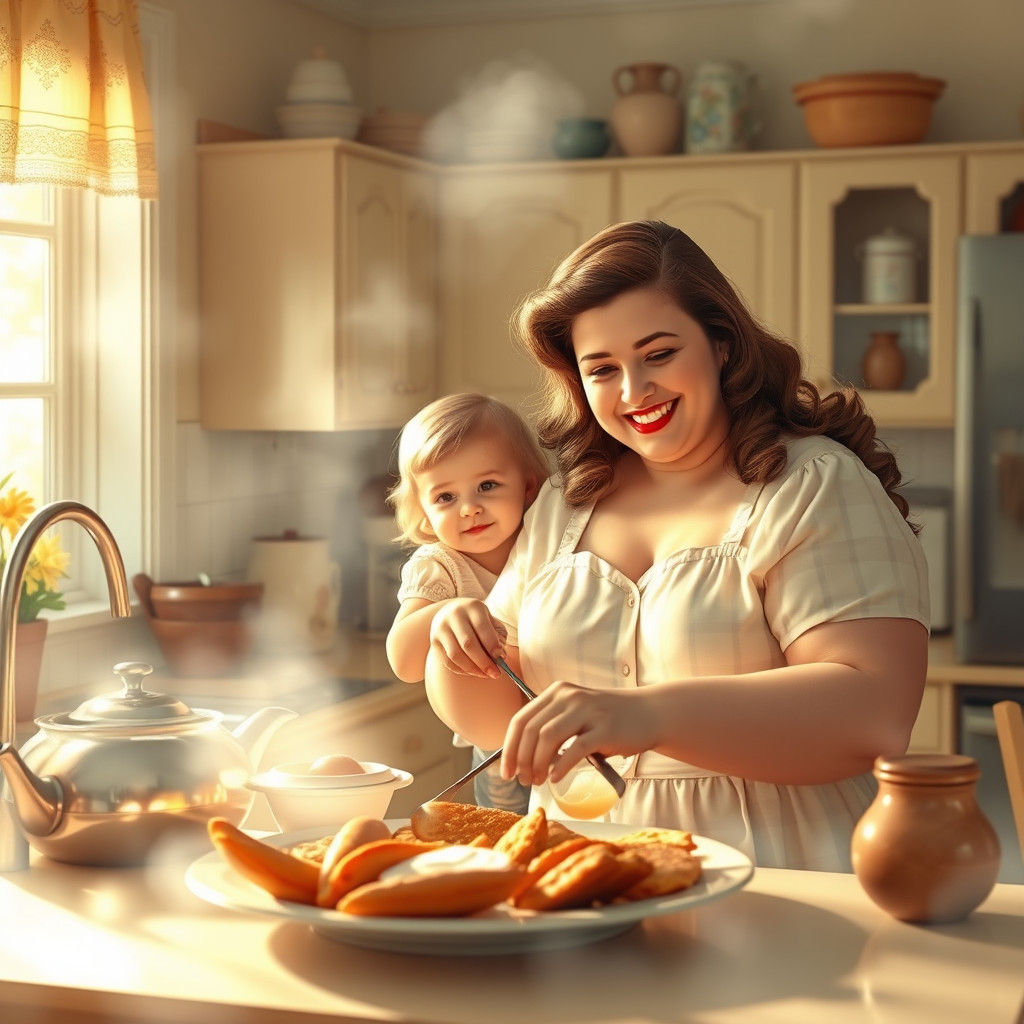 Rosy 1950s Housewife in Dreamy Kitchen Scene