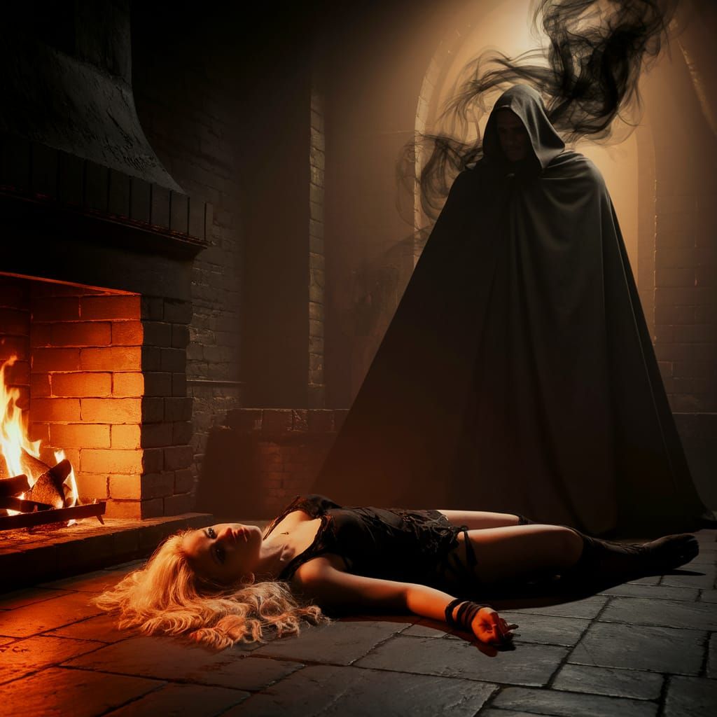 Wounded Woman in Castle with Shadowy Figure