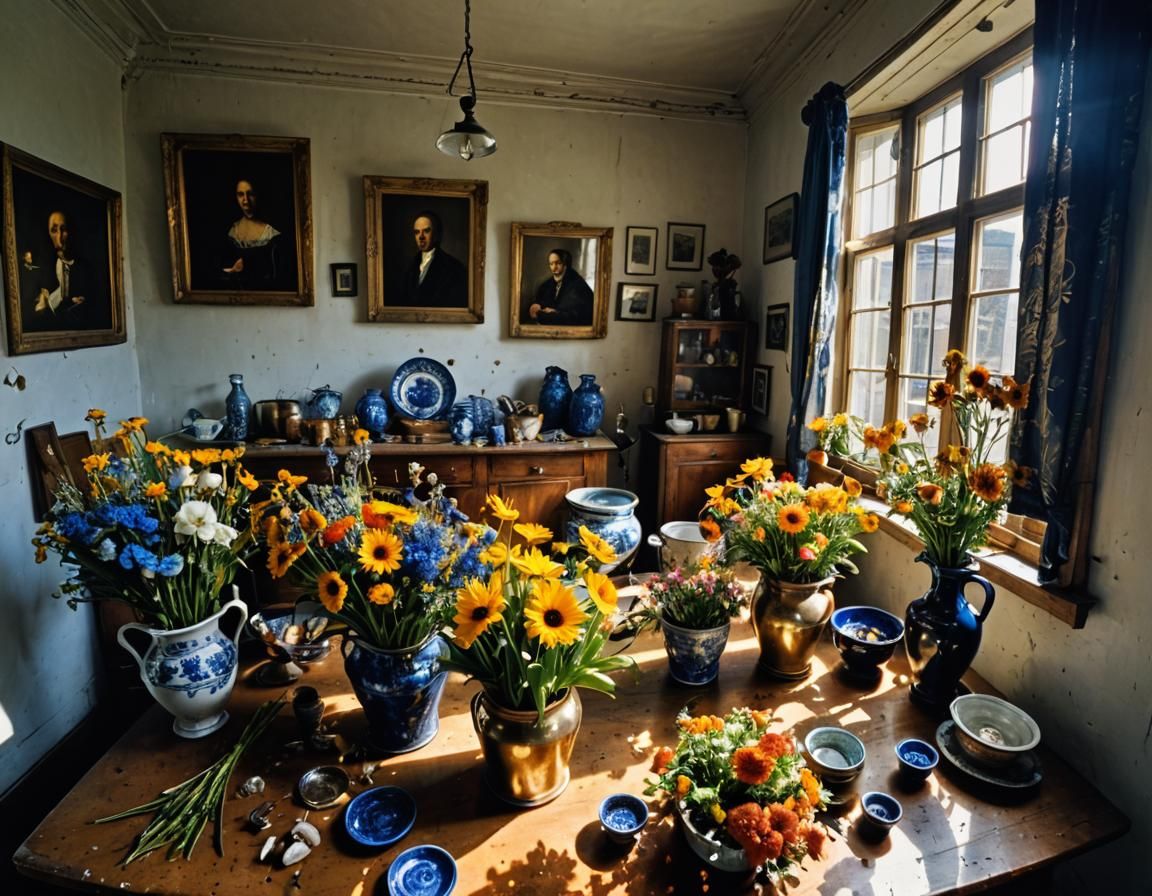 Dry Flowers in Copper Bucket: Pollock-Vermeer Style