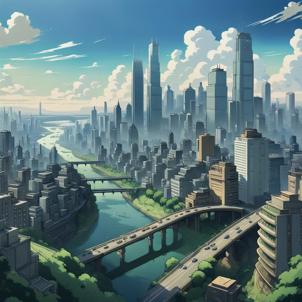 Modern City in Studio Ghibli Anime Style