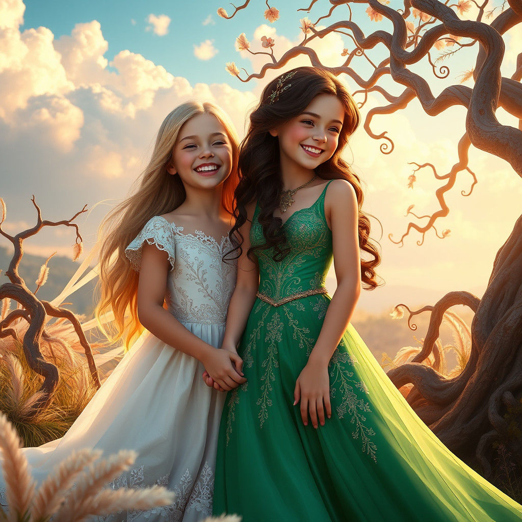 Girls Laughing in Dreamlike Fantasy Landscape