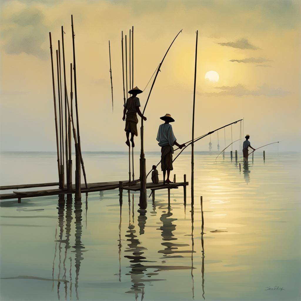 Stilt Fishermen Artistry: Tranquil Waters in Detailed Painti...
