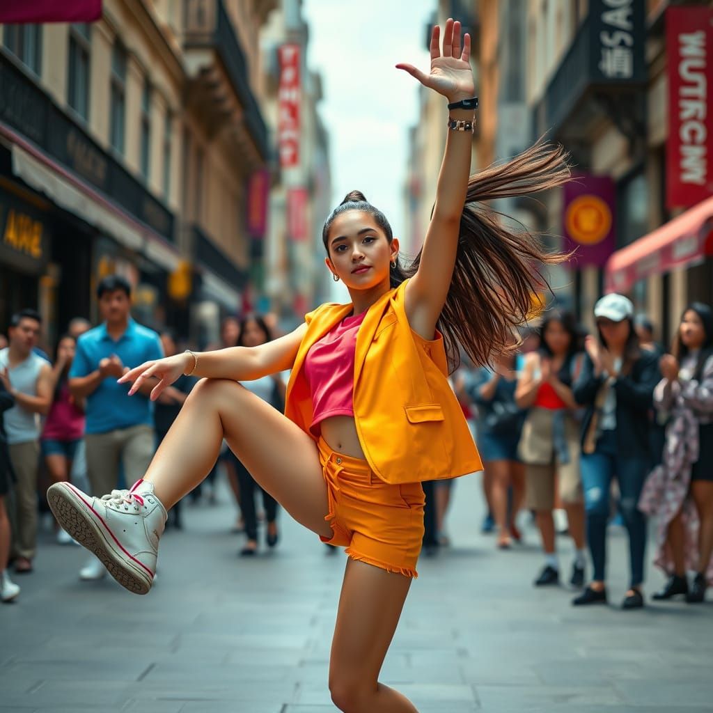 Popper Girl Street Performance in Realistic Style