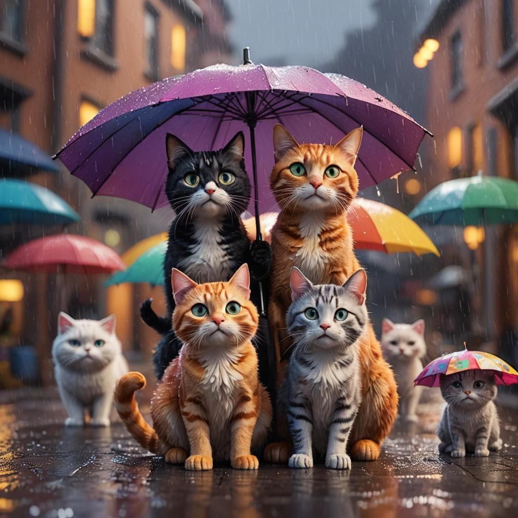 Cat Family Shelters Under Umbrella: Pixar-Style 3D Art