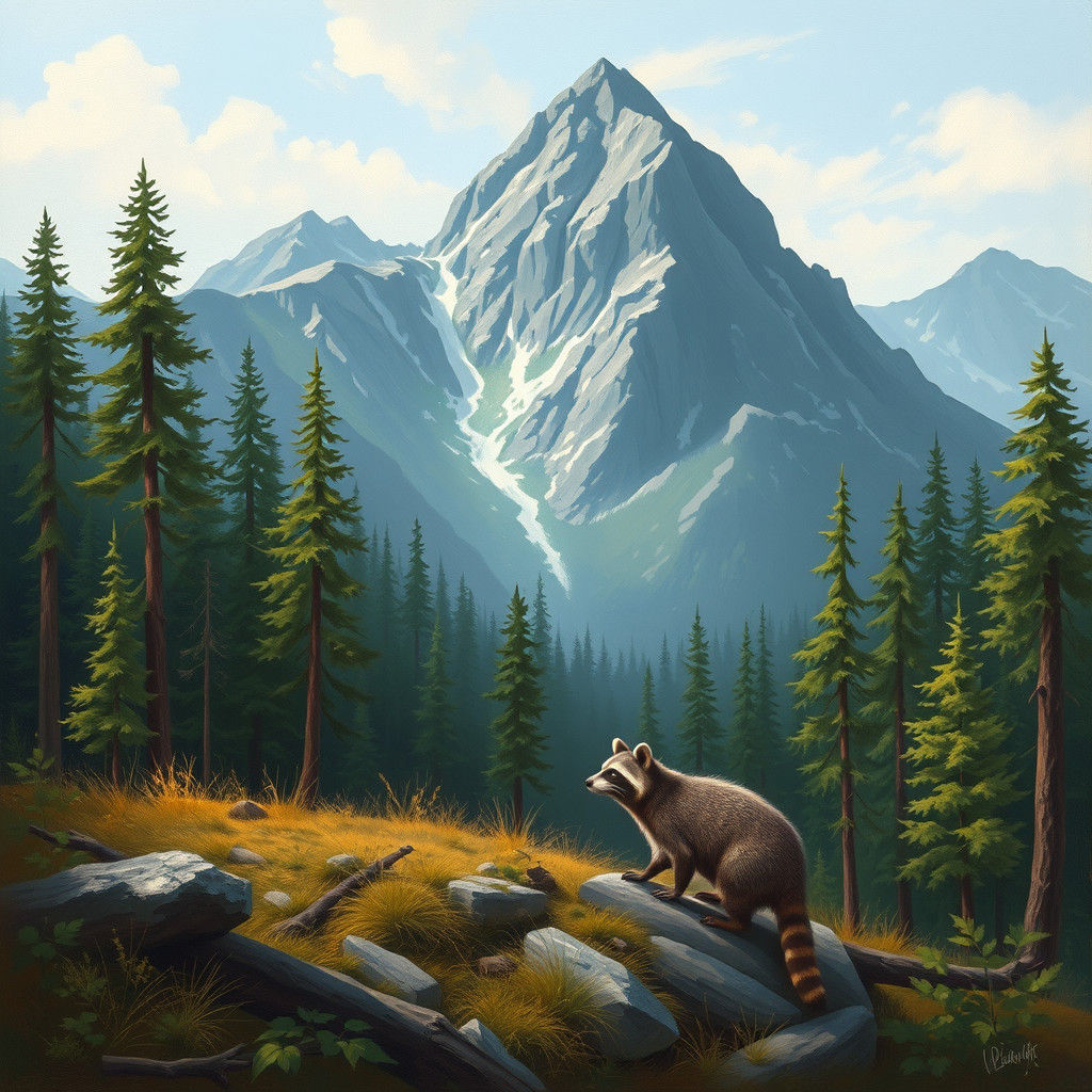 Racoon in Mountain Forest Illustration